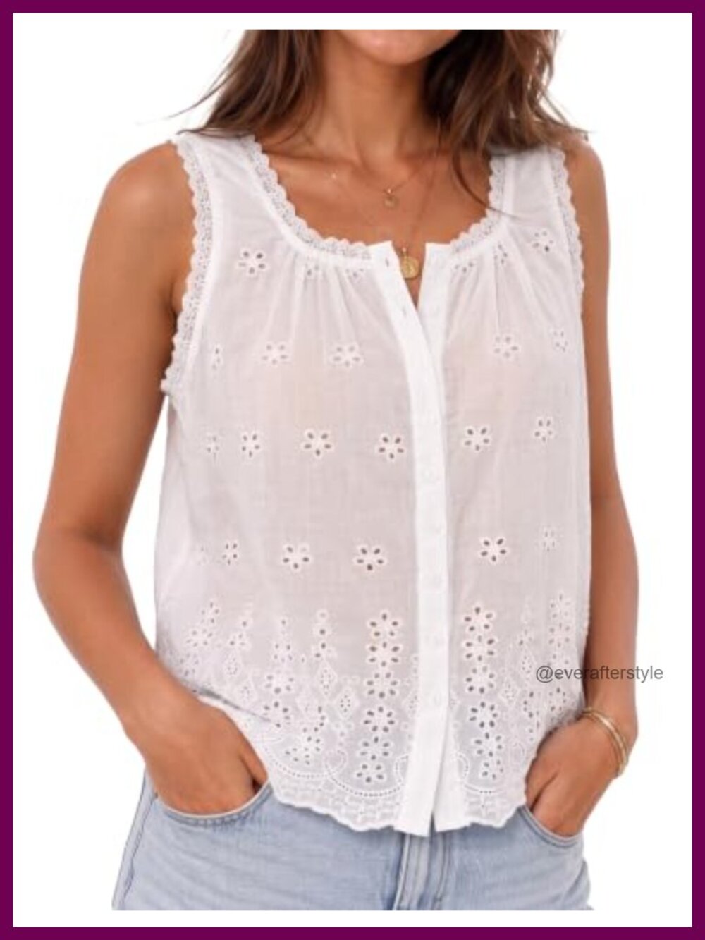 Women's Boho Eyelet Lace Tank Top Button Down Dressy Summer Shirt